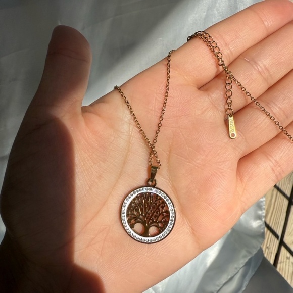 Gold Tree of Life Necklace – Dainty Circle Pendant with Crystals - Picture 2 of 6